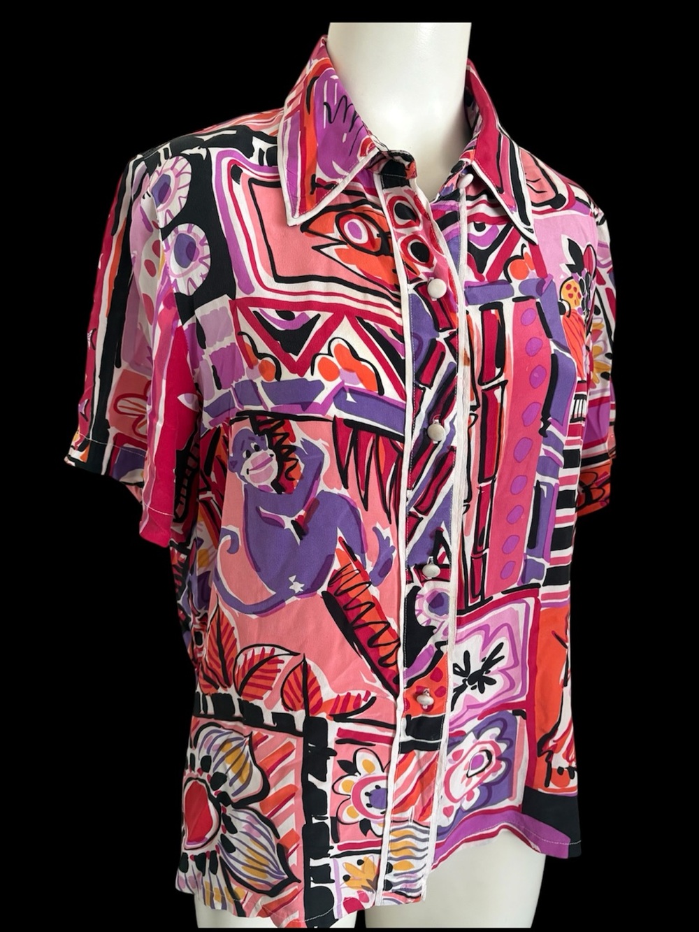 Vintage Bob Mackie Wearable Art Silk Jungle Tropical Print Shirt Sz S * Flaws
